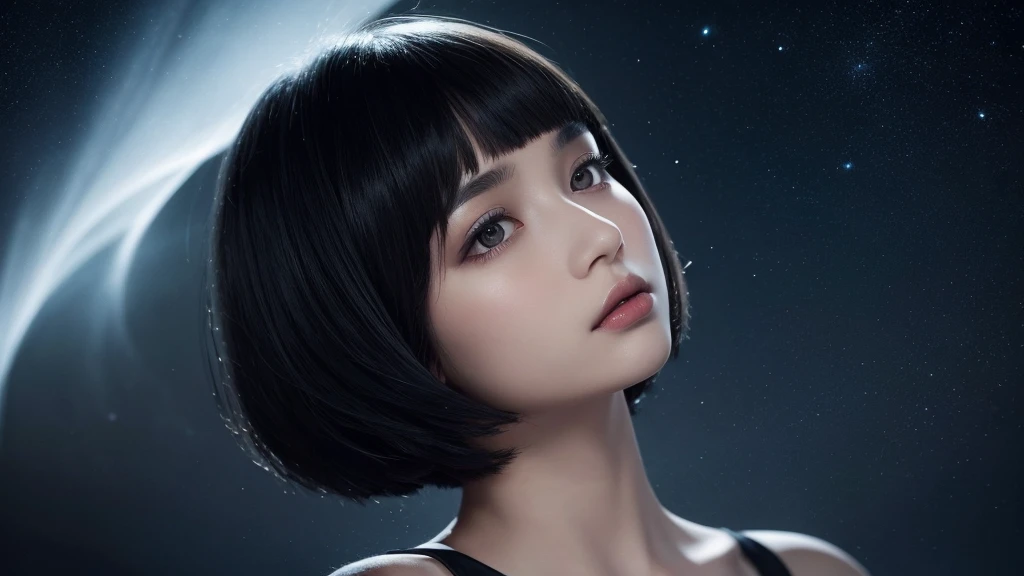 Delicate and dainty young woman with shiny bob-cut black hair . She is wearing black dress. The background is a fantastic and ethereal night sky that seems to be haunted by a specter. Her expression is stern and atmospheric. Angle from directly below.