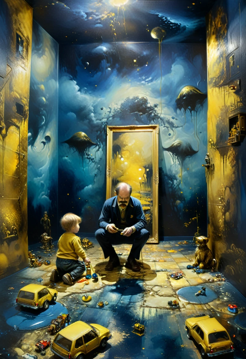  daddy w8th moustache and baby ting art, toys on the floor, toyart exposed collection on the walls, mysterious atmosphere, deep dark blue and golden yellow, 4D, 8K, photorealistic, dreamlike, big and complex composition storytelling, masterpiece, artwork by Bernie Wrightson, artwork by Jeremy Mann, Surrealism, Impressionism