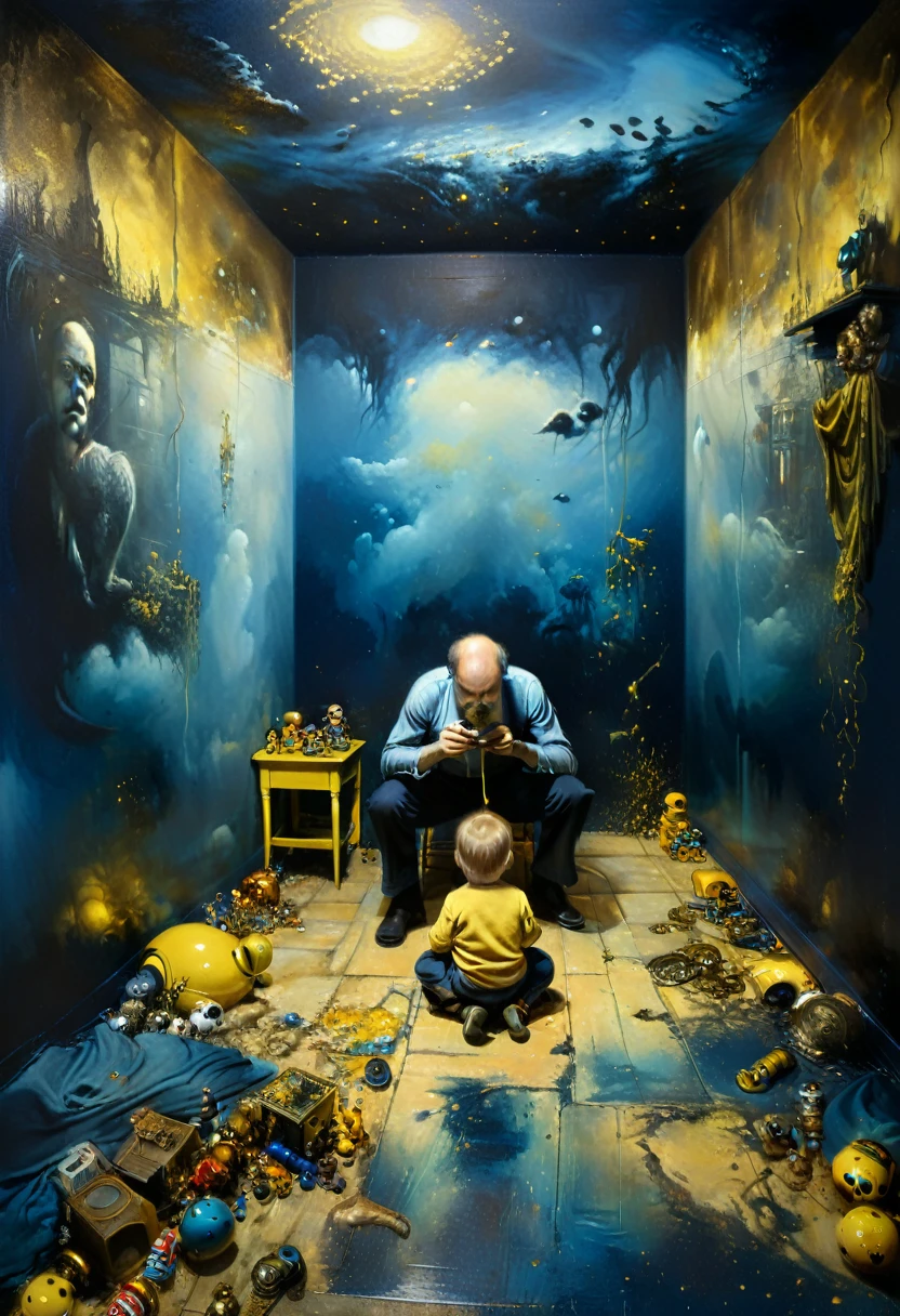  daddy w8th moustache and baby ting art, toys on the floor, toyart exposed collection on the walls, mysterious atmosphere, deep dark blue and golden yellow, 4D, 8K, photorealistic, dreamlike, big and complex composition storytelling, masterpiece, artwork by Bernie Wrightson, artwork by Jeremy Mann, Surrealism, Impressionism