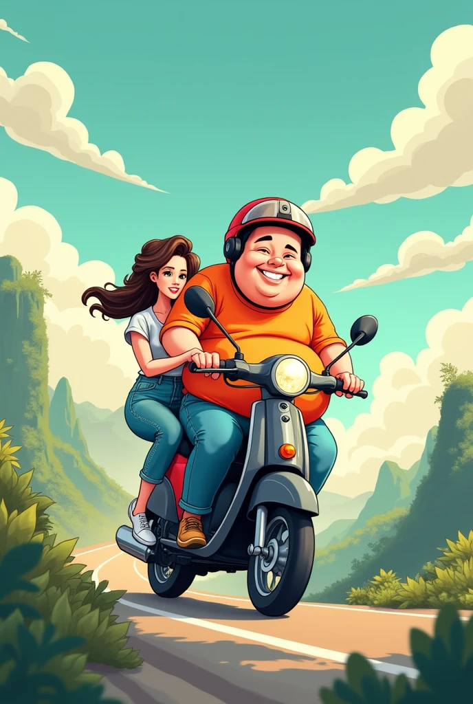 Fat guy carrying his beautiful lover on a motorbike and wearing a helmet, cute map of Vietnam in the sky Cartoon image 