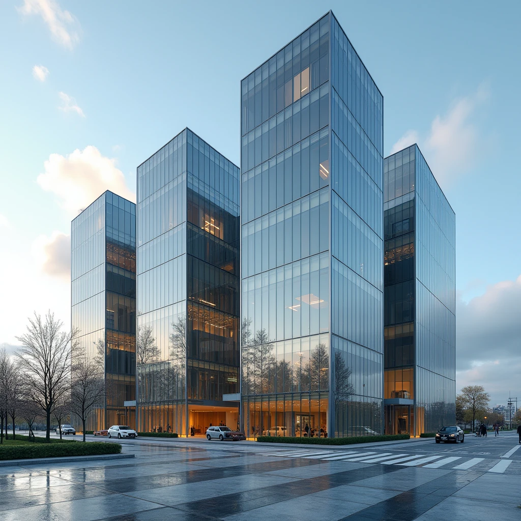 Hyperrealism, logotype art , three ellegant buildings in metal and glass called PRIMUS HOUSE