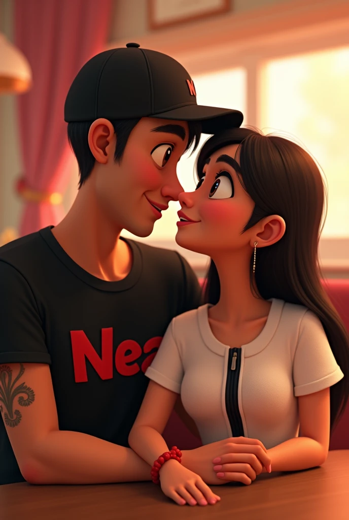A Disney or Pixar Couple Description of the Bride:The woman is wearing a white tank top with a black zipper and has her hair down and is black with no hair accessories and is on the right side of the room. The two are sitting. The man is wearing a black t-shirt with red letters that say Nea.,and a black cap and has a tattoo on his arm of two black lines and the groom has a red bracelet,In the middle of the two bride and groom there is a table