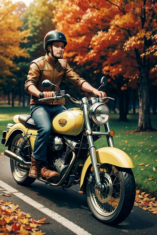 Biker rides a very old motorcycle, vintage bike, autumn