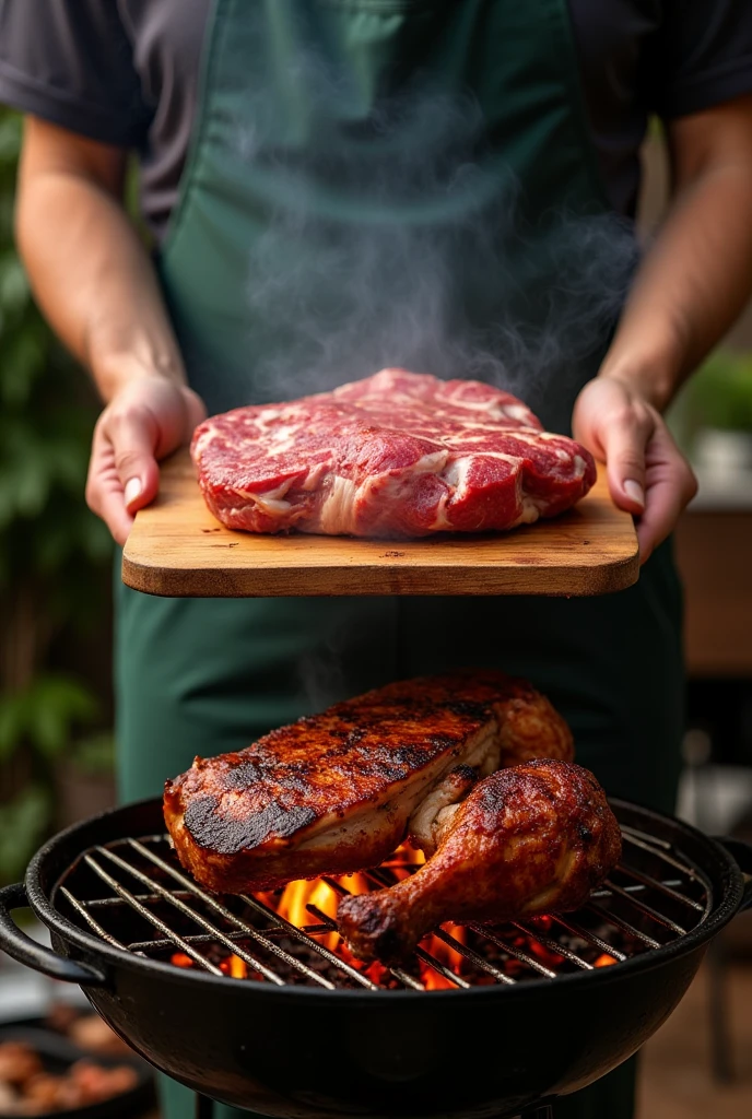 Create an ideal background for displaying a barbecue-friendly meat board , place a meat roaster holding a meat cutting board , At the bottom place a barbecue grill roasting meat