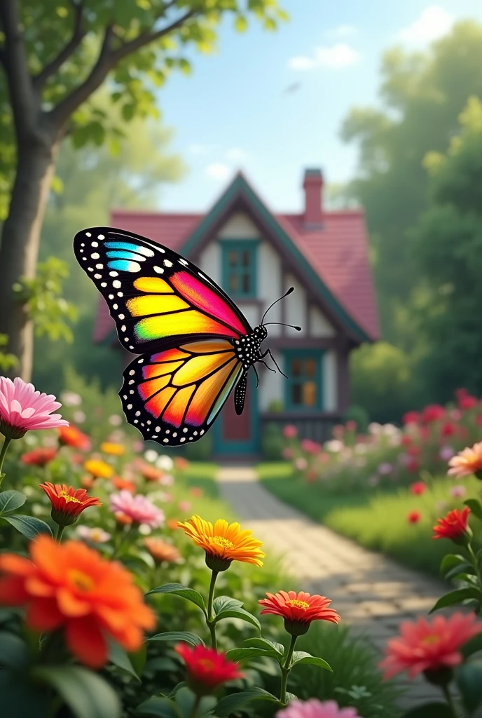 [Core Concept] A vibrant, rainbow-colored butterfly gracefully fluttering through a lush garden before a charming, picturesque home.

[Character Description] The butterfly's wings are a dazzling display of vivid hues, each section a different color of the spectrum, creating a mesmerizing pattern in motion as it dances through the air.

[Environment/Background] The garden is bursting with a diverse array of colorful flora, from fragrant flowers to verdant foliage, providing a lush, natural backdrop for the butterfly's captivating performance. In the distance, a cozy, well-maintained home stands as a testament to the tranquility and harmony of the scene.

[Style and Atmosphere] The overall aesthetic is one of natural beauty and serene tranquility, with a hyper-realistic, 4K level of detail that captures every delicate nuance of the butterfly's movements and the surrounding environment.

[Composition] The butterfly is the central focus, positioned prominently in the foreground, its vibrant colors and graceful flight drawing the viewer's eye. The garden and home provide a balanced, complementary setting that enhances the overall visual harmony.

[Details and Embellishments] Every petal, leaf, and architectural element is rendered with meticulous precision, creating a sense of depth and authenticity that immerses the viewer in the scene.

[Technical Specifications] The image is of the highest quality, with a 4K resolution that allows for an exceptionally detailed, lifelike depiction of the butterfly and its natural surroundings.