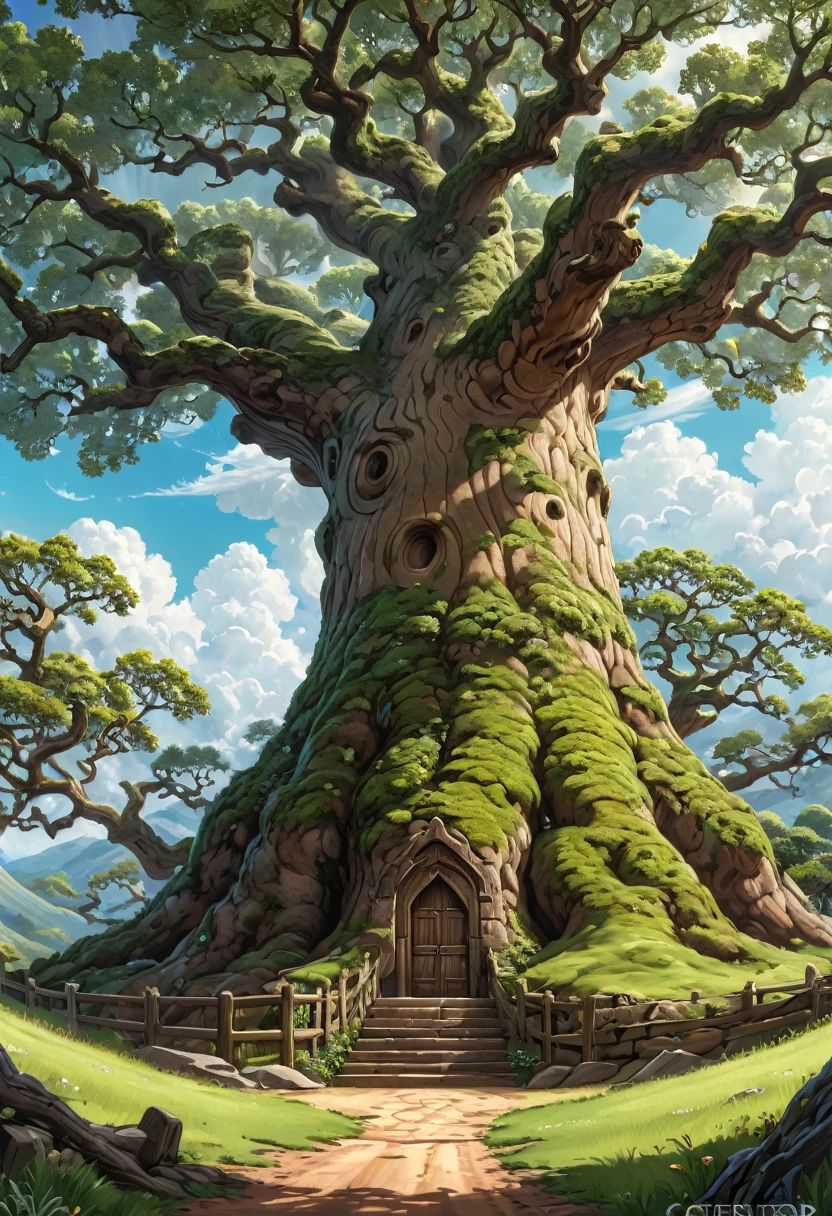 Anthropomorphic oak tree.  Official Art – Charecter profile. An Award-Winning Digital Masterpiece In 4K Ultra HD, Extreme Detail And Intricate Realism. Symmetrical Face. This Concept Art Brought To Life By The Hands Of Artists Like Wlop & Artgerm In A Stunning 2D Vector Illustration.Background Is A Panoramic Vista.
