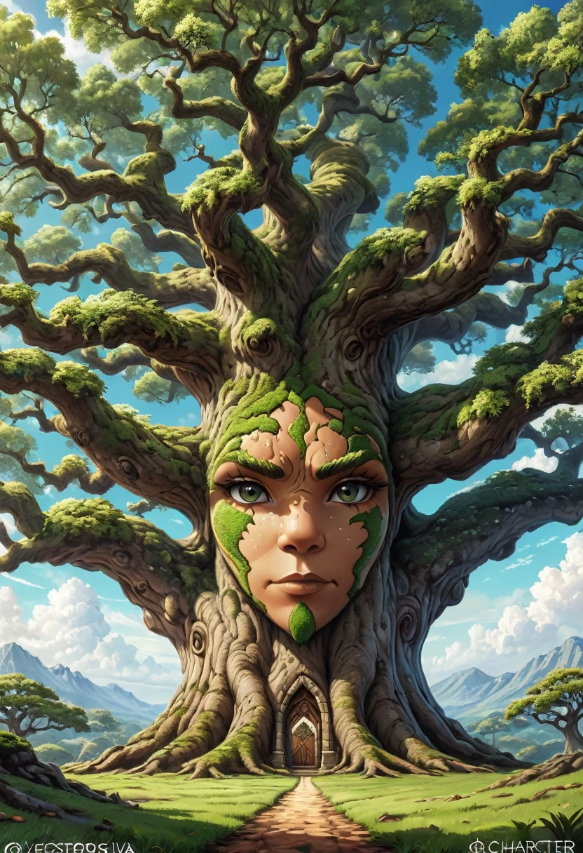 Anthropomorphic oak tree.  Official Art – Charecter profile. An Award-Winning Digital Masterpiece In 4K Ultra HD, Extreme Detail And Intricate Realism. Symmetrical Face. This Concept Art Brought To Life By The Hands Of Artists Like Wlop & Artgerm In A Stunning 2D Vector Illustration.Background Is A Panoramic Vista.

