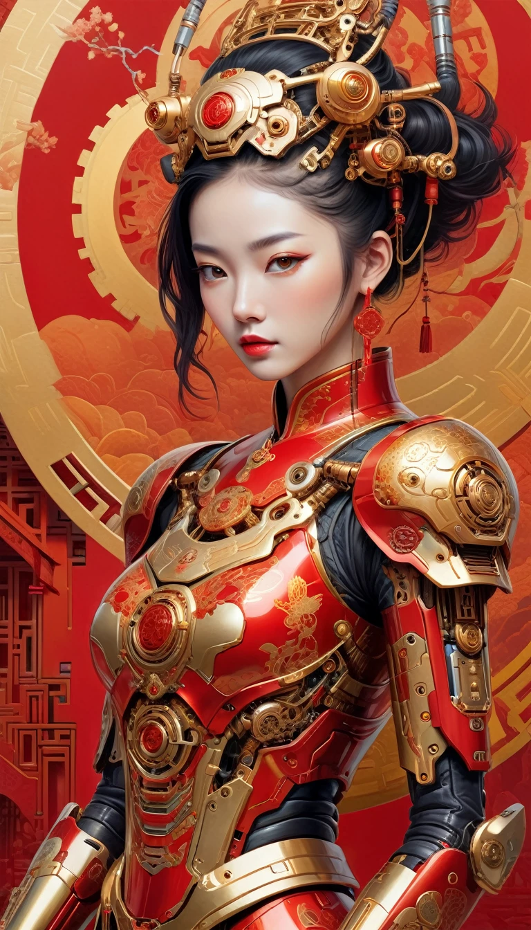 Intricate illustration in surrealist art style，mecha girl，Chinese woman, Cyborg in Chinese culture style, full background, Mecca of red and gold mixture