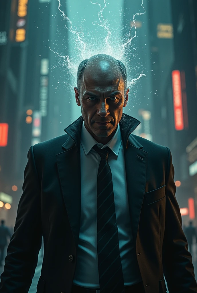 Create an image of a mega-businessman with an evil expression, Dominating a futuristic scene with its imposing presence. He must have a striking and threatening face, with strings coming out of your fingers and stretching out to control and manipulate everything around you. The setting must reflect your absolute power, with advanced technology elements and an oppressive atmosphere, highlighting the entrepreneur's total control over the environment and people around him.