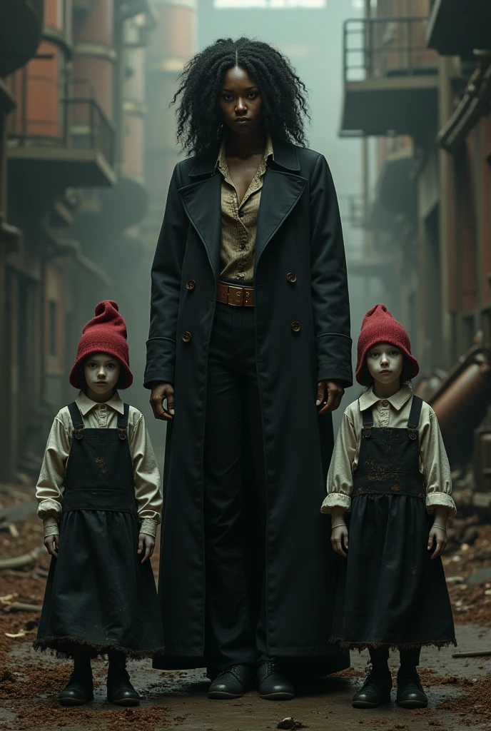 Would you generate a Willy Wonka dark black woman version and two oompa loompas white women version with black aprons and red work caps that are not so Disney but scarier?, without elegant clothes with worn clothes , oompa loompas have to be dwarfs