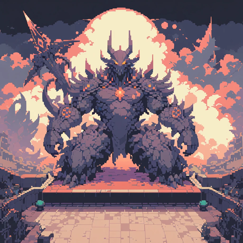The prompt for generating a pixel art could be: "pixel art,(best quality, high resolution, detailed),(retro, nostalgic) colors,8-bit style,crisp lines and edges,small canvas,blocky pixels,limited color palette,low-fi graphics,dark colors,iconic pixel characters, final boss stage, undead"