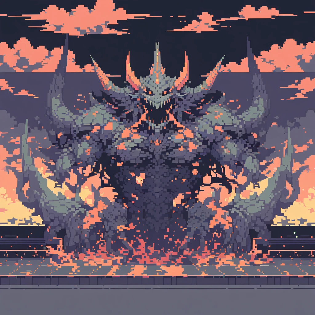 The prompt for generating a pixel art could be: "pixel art,(best quality, high resolution, detailed),(retro, nostalgic) colors,8-bit style,crisp lines and edges,small canvas,blocky pixels,limited color palette,low-fi graphics,dark colors,iconic pixel characters, final boss stage, undead"