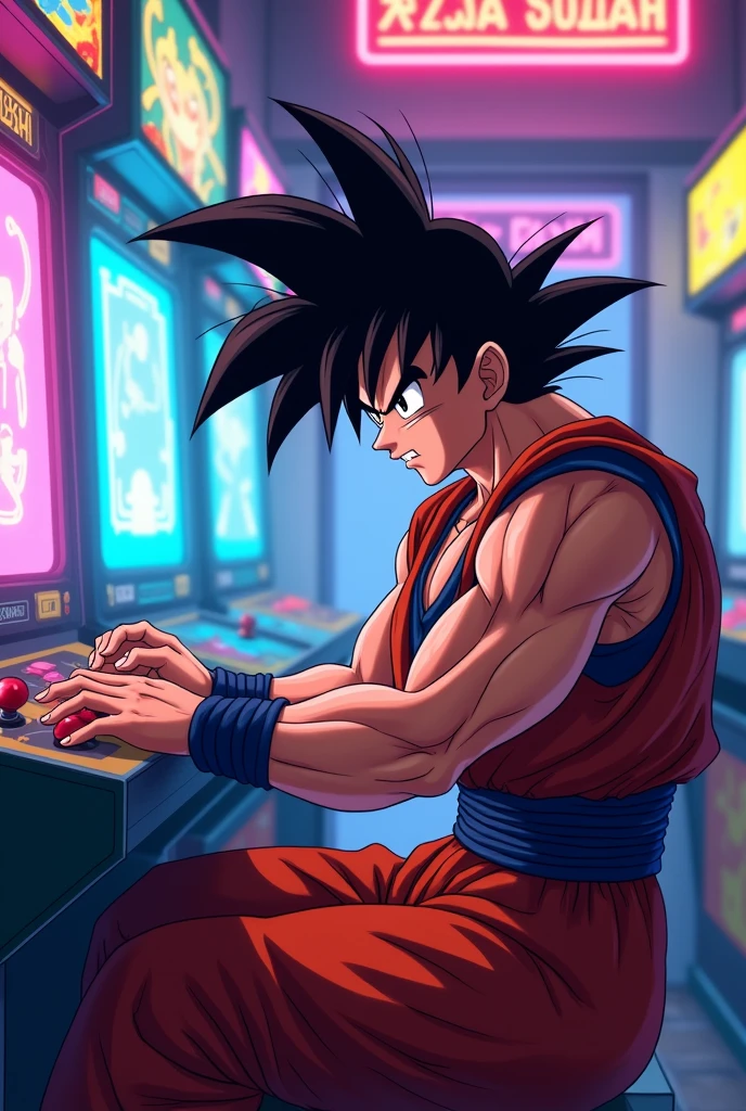 Sangoku from dragon ball playing arcade game