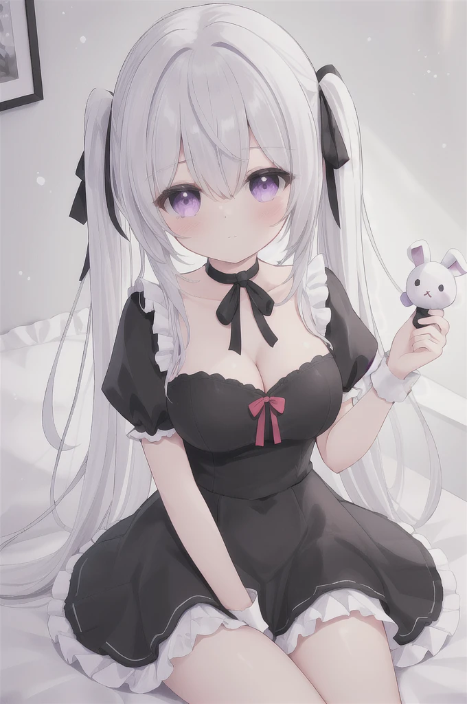 1girl,solo,purple eyes,stuffed toy,stuffed bunny,stuffed animal,long hair,dress,looking at viewer,sitting,breasts,bangs,short sleeves,frills,black dress,frilled dress,ribbon,puffy sleeves,blush,hair ribbon,white hair,hair between eyes,puffy short sleeves,bow,closed mouth,very long hair,black bow,medium breasts,black ribbon,twintails,choker,holding stuffed toy,on bed,