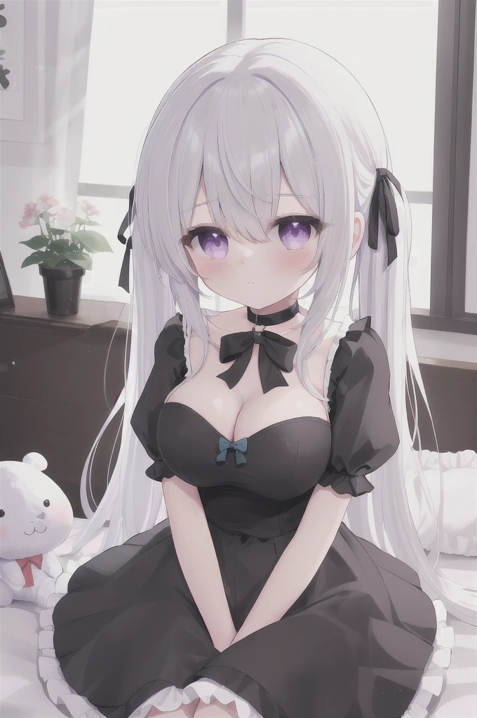 1girl,solo,purple eyes,stuffed toy,stuffed bunny,stuffed animal,long hair,dress,looking at viewer,sitting,breasts,bangs,short sleeves,frills,black dress,frilled dress,ribbon,puffy sleeves,blush,hair ribbon,white hair,hair between eyes,puffy short sleeves,bow,closed mouth,very long hair,black bow,medium breasts,black ribbon,twintails,choker,holding stuffed toy,on bed,