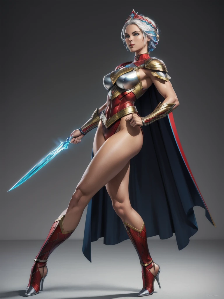((best quality)), ((4k)), ((highres)), ((masterpiece:1.2)). ((detailed)), ((ultra realistic)), ((intricate details)), ((full body picture)), ((character design sheet)), ((blank background)), a full body picture of a beautifull scandinavian female, scandinavian woman, scandinavian model, viking warrior woman, tall woman, perfect face, gorgeous face, detailed eyes, detailed lips, ((luscious red lips)), ((vivid blue eyes)), about 35 years old, about 6'5 ft. tall, short white hair, crown braid short white hair, ((emphasis on her crown braid short white hair)), perfect body, hourglass body type, dressed in a superhero outfit ((emphasis on her superhero outfit)), red and metalic silver outfit, ((emphasis on red and metalic silver outfit)), multi-colored outfit, ((emphasis on multi-colored outfit)), long superhero cape, warrior character, warrior goddess character, superhero character, superhero concept art, superhero character concept art, full body, full body concept art, full body art