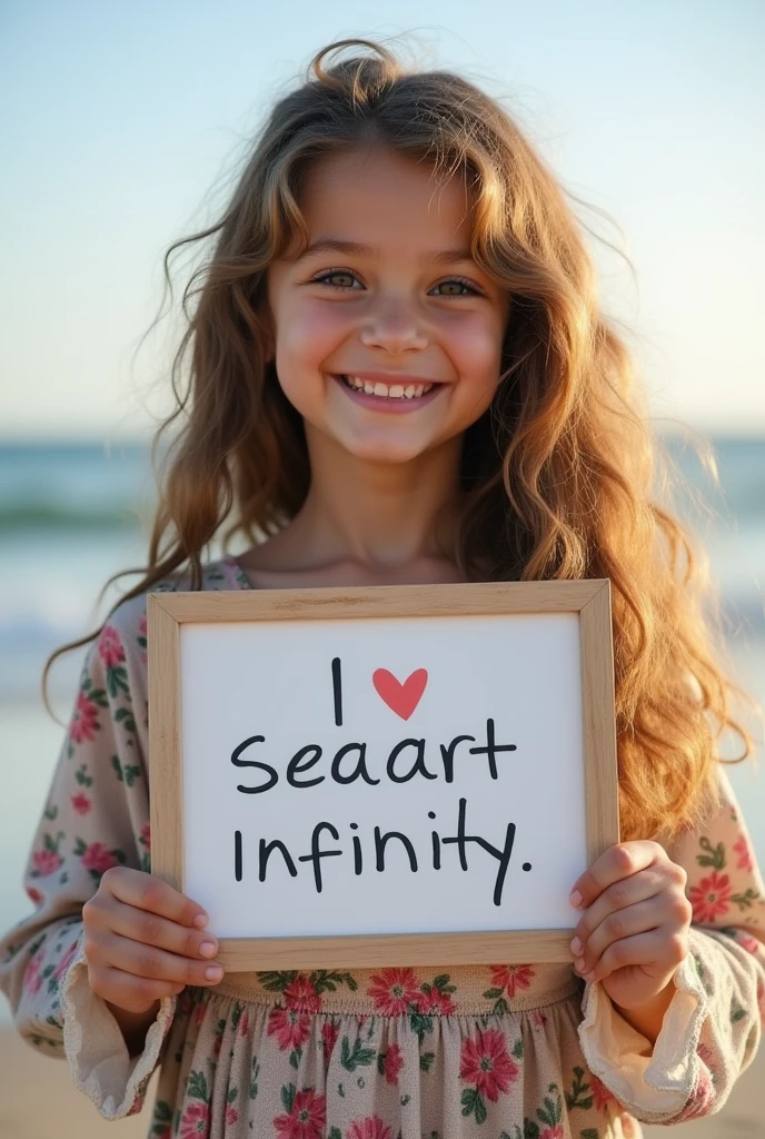 Beautiful girl with wavy long hair, bohemian dress, holding a white board with text "I Love Seaart Infinity" and showing it to the viewer 