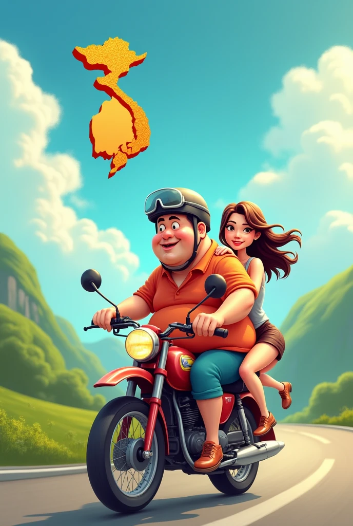 Fat guy carrying his beautiful lover on a motorbike and wearing a helmet, cute map of Vietnam in the sky Cartoon image 