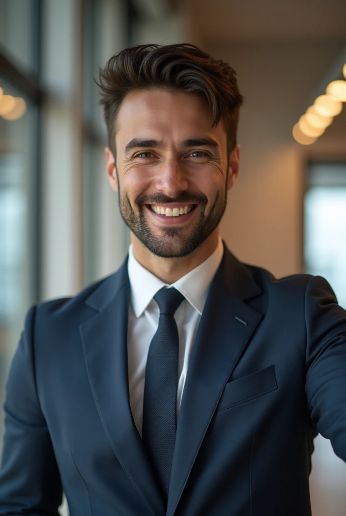 average, not good looking, brazilian man, 30 years old, taking a selfie wearing a suit at an office