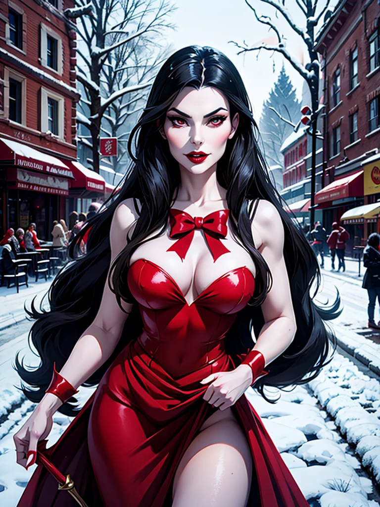 Araffe dressed as a snow white with a red bow and a red bow, beautiful vampire queen, realistic cosplay, Marceline from Adventure Time, anime girl cosplay, 4K HD snow white hair, beautiful vampire queen, snow white as a d &d fighter, snow white, anime cosplay, cosplay, vampire Carmilla, with long dark hair, on the streets,torn clothes,large breasts