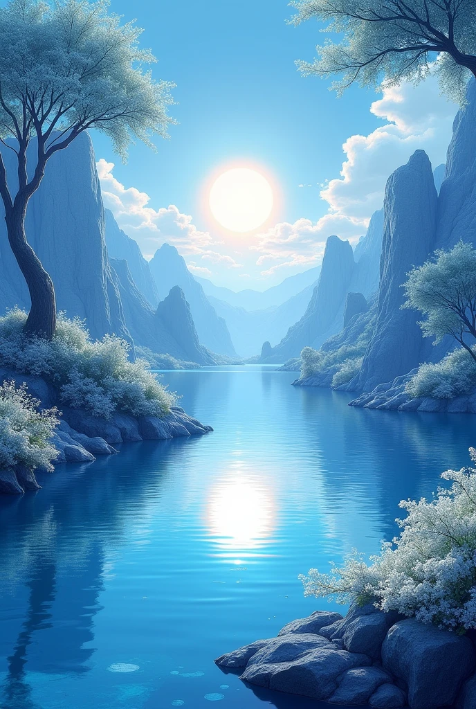 a lake, with blue trees and blue stones many bushes with white flowers and a sun in the center