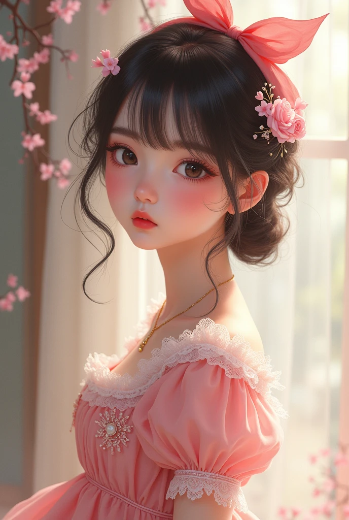 women beautiful little pink Lacey short frock like a doll and a bow in my hair I was looking like a doll my lips and cheeks tinted red my big innocent 