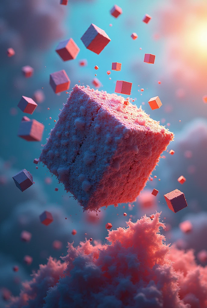 Make an image of a disintegrated cube whose smaller pieces grouped together as two, three and four are floating, with many colors that appear to be moving away but leave part of the cube complete, that is, make an interpretation of the assembly of a cube.