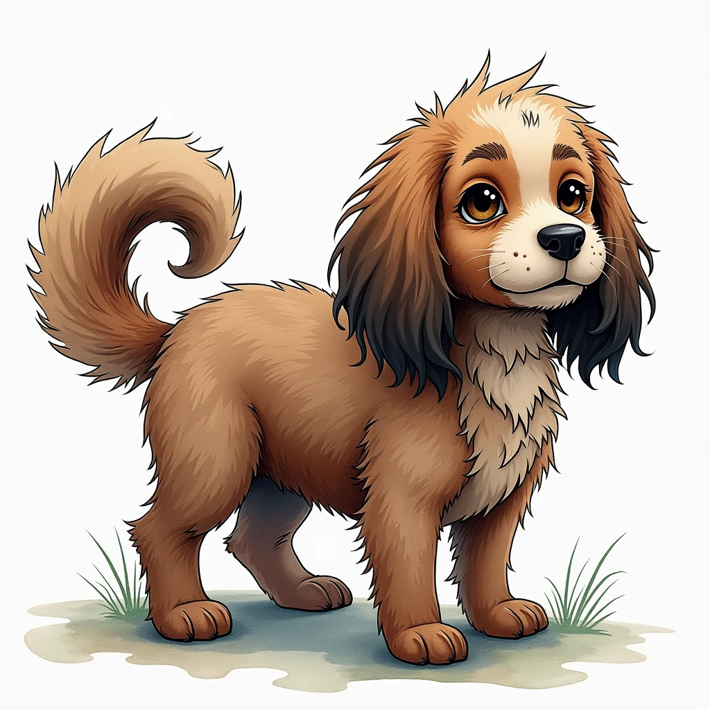 Create a fantasy illustration with watercolor technique, of a little furry dog I. the drawing should look like the comics. the illustration should look minimalist. Let the strokes be organic, imperfect as if a human had made them. Make the contour lines of the drawing as fine and thin as possible..
