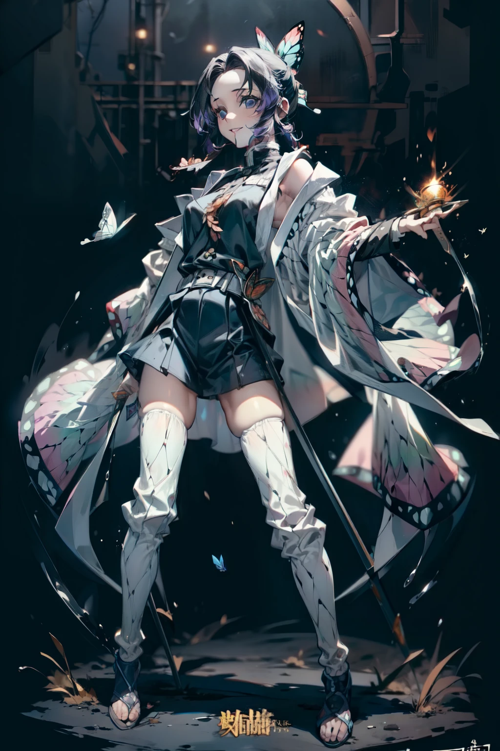 (masterpiece, best quality:1.2), perfect eyes, perfect face, ultra detailed face , Shinobu kochou, strong make up, highres, 1 girl, solo, make up, (female:1.5),satin, white anciente greek clothes, sleeveless turtleneck, bracer, evil smile, standing, portrait, looking at viewer, giant sword on the back, long leather boots, fullbody shot