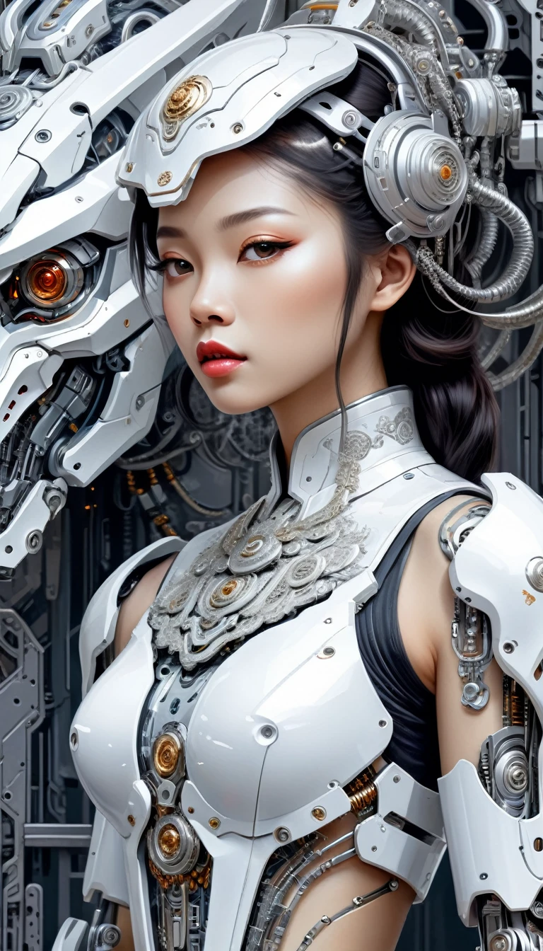 Intricate illustration in surrealist art style,mecha girl,Vietnamese woman, Cyborg in Vietnamese culture style, full background, Mecca of white and silver mix