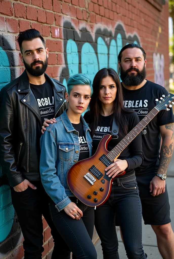 The four members of the band 'Ovelhas Obesas' pose together for a promotional photo in an urban setting. Marcelo 'Gordo' Silva (vocalist), with short hair and thick beard, wears a leather jacket over a band t-shirt, with a confident expression. Ana 'Riff' Ribeiro (guitarist), with short blue hair and tattoos on her arms, wears a worn denim jacket and holds his guitar in a relaxed manner. Gustavo 'Touro' Almeida (bassist), robust and with a well-groomed beard, wear a simple t-shirt and jeans, with a leather collar. Lucas 'Hurricane' Menezes (drummer), with long hair and visible tattoos, veste uma regata e shorts, holding drumsticks. They are in front of a graffitied brick wall, with a relaxed attitude and a determined look. The scene is illuminated by natural light, giving an authentic and energetic look to the image.