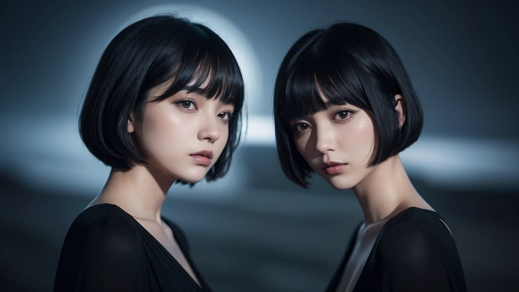 Delicate and dainty young woman with shiny bob-cut black hair . She is wearing black dress. The background is a fantastic and ethereal night sky that seems to be haunted by a specter. Her expression is stern and atmospheric. Angle from directly below.