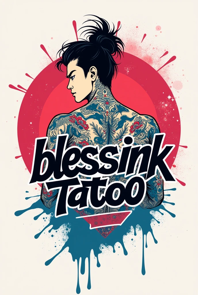 Circle logo image with spilled paint splatter, in which there is a Japanese woman with tattoos sitting holding a banner that says "blessink tattoo" Blue pink and black colors
