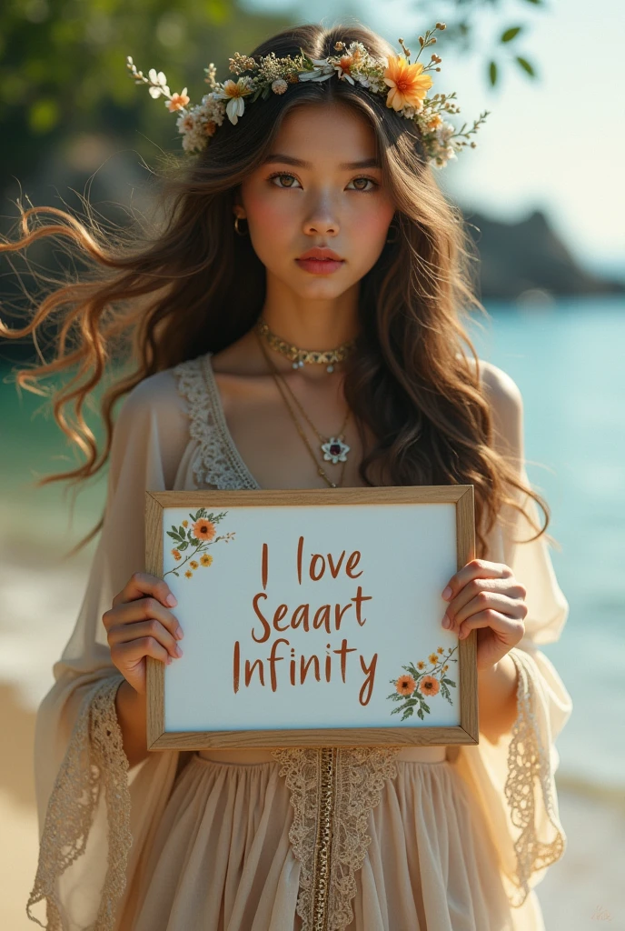 Beautiful girl with wavy long hair, bohemian dress, holding a white board with text "I Love Seaart Infinity" and showing it to the viewer