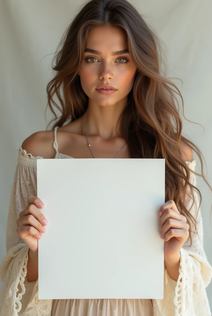 Beautiful girl with wavy long hair, bohemian dreng a white board with text
 