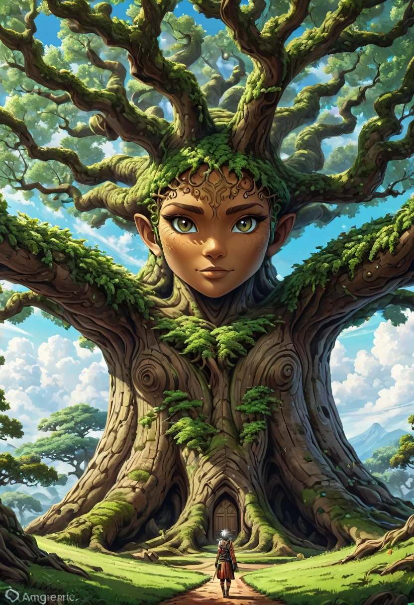 Anthropomorphic humanoid oak tree. Official Art – Charecter profile. An Award-Winning Digital Masterpiece In 4K Ultra HD, Extreme Detail And Intricate Realism. Symmetrical Face. This Concept Art Brought To Life By The Hands Of Artists Like Wlop & Artgerm In A Stunning 2D Vector Illustration.Background Is A Panoramic Vista.