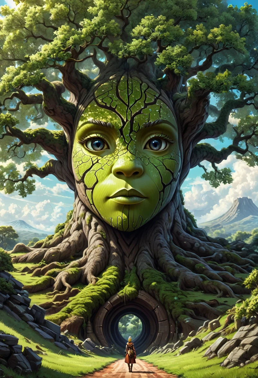 Anthropomorphic humanoid oak tree.  Official Art – Charecter profile. An Award-Winning Digital Masterpiece In 4K Ultra HD, Extreme Detail And Intricate Realism. Symmetrical Face. This Concept Art Brought To Life By The Hands Of Artists Like Wlop & Artgerm In A Stunning 2D Vector Illustration.Background Is A Panoramic Vista.
