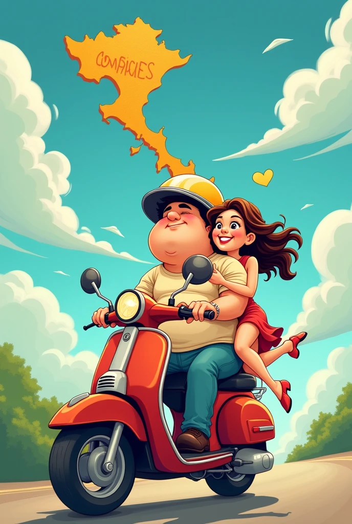Fat guy carrying his beautiful lover on a motorbike and wearing a helmet, cute map of Vietnam in the sky Cartoon image