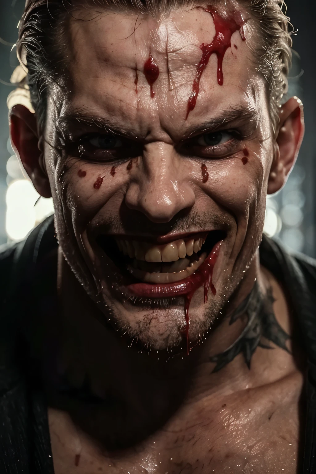 Close-up face. Hyper realistic super detailed , ((evil Man, 50 years old, beard)) , tattooed face, Very detailed, (hyper realistic: 1.4), in dynamic pose, (((psycho face, creppy smiling ))), blood o face, ( red eyes). ((dark ambient , cinematic lighting)).