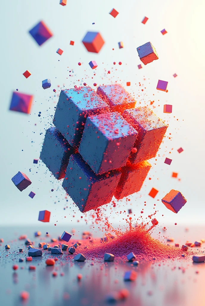Make an image of a disintegrated cube whose smaller pieces grouped together as two, three and four are floating, with many colors that appear to be moving away but leave part of the cube complete, that is, make an interpretation of the assembly of a cube.