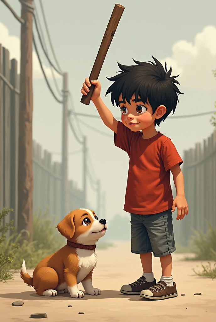 Boy hitting a puppy with a stick