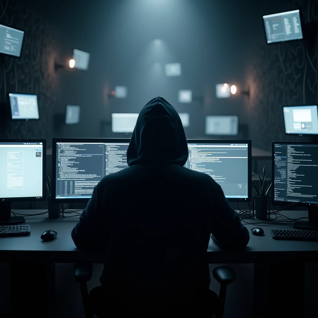 Hardcore progammer backside sitting in chair dark room with many monitors upside hanging in wall wearing black hoodie like universal being