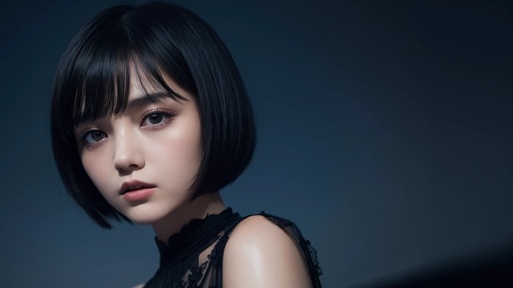 Delicate and dainty young woman with shiny bob-cut black hair . She is wearing black dress. The background is a fantastic and ethereal night sky that seems to be haunted by a specter. Her expression is stern and atmospheric. Angle from directly below.