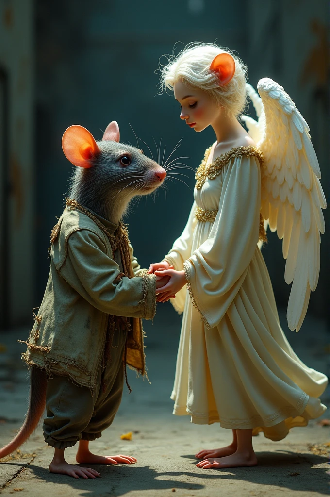 A rat wearing broken clothes and holding the hand of an angel