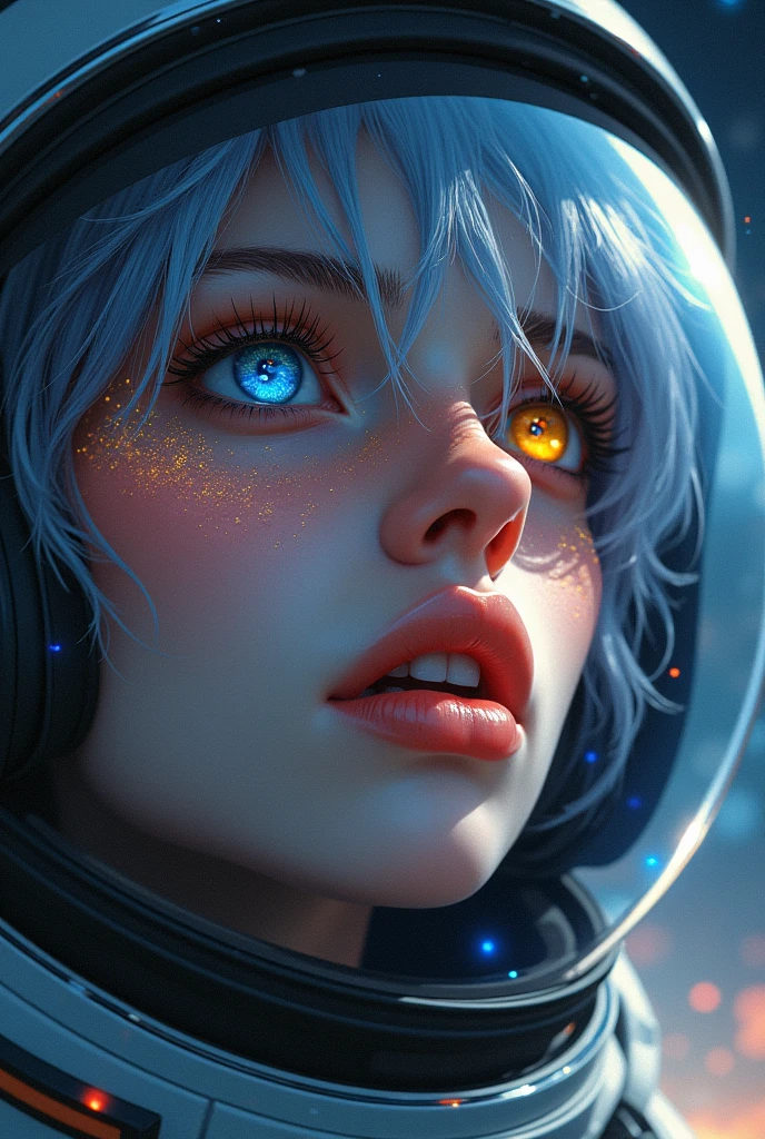(Close-up of a better masterpiece:1.5)0.9], (Space and astronauts:1.2) (Messy silver hair:1.1) (Heterochromia xanthochromia and blue eyes:1.2) (Space Helmet:1.0) (Colored stars in the eyes:1.0) (A radiant glow:1.1) (thick lips:0.9)