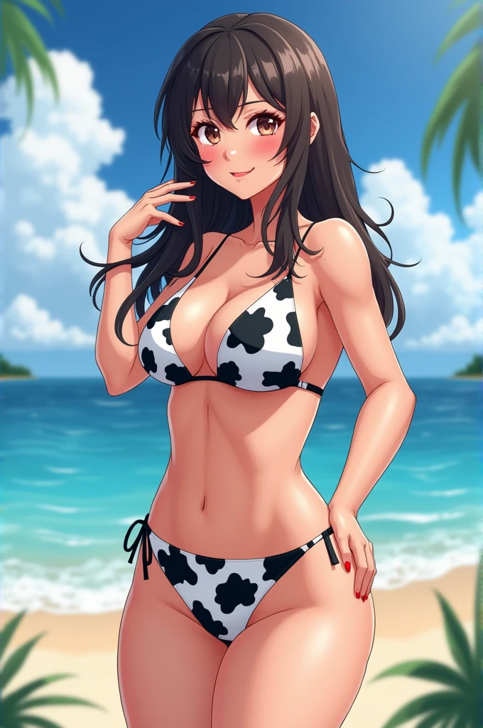 Mature girl, bikini, cow prints, posing, , whole body, panoramic, small eyes, anime, manga, 