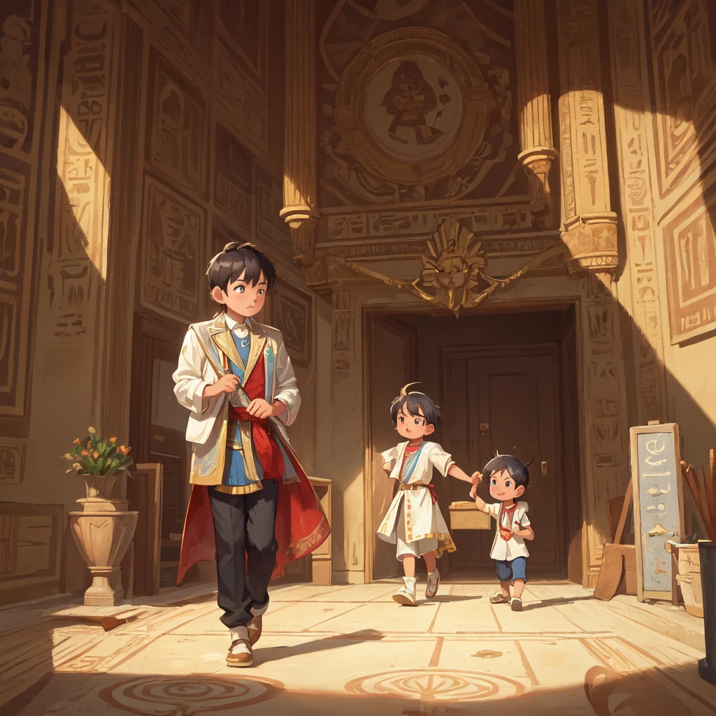 Scene inside the Egyptian palace: a 7--old Moses, dressed in luxurious Egyptian clothes, walking through the halls of the palace alone