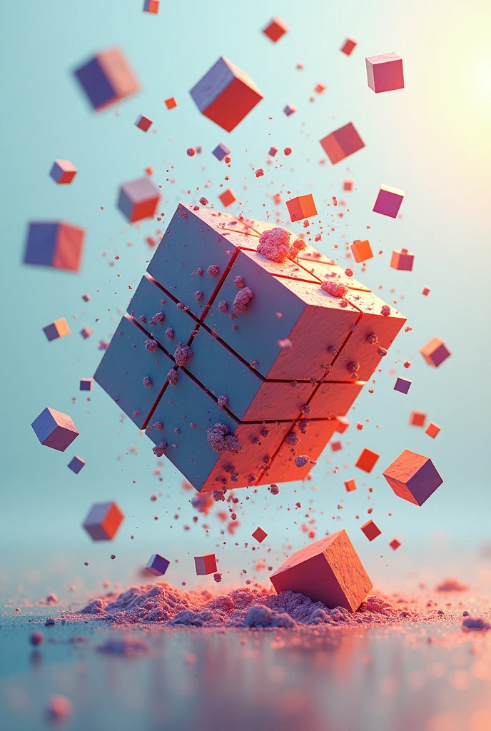 Make an image of a disintegrated cube whose smaller pieces grouped together as two, three and four are floating, with many colors that appear to be moving away but leave part of the cube complete, that is, make an interpretation of the assembly of a cube.