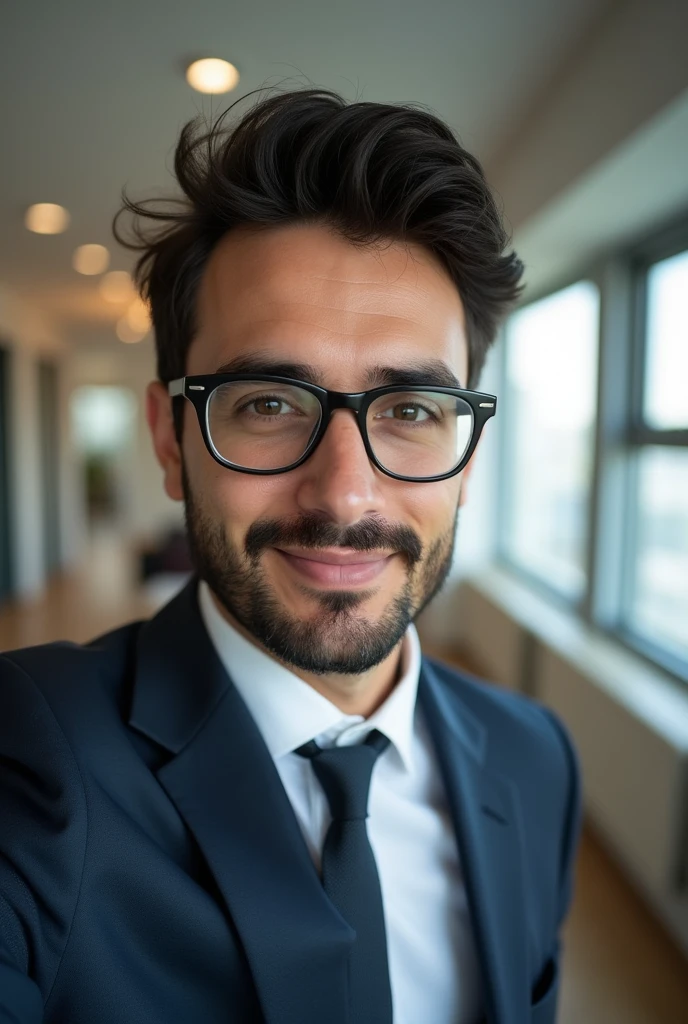 average, not good looking, wearing glasses, brazilian man, 30 years old, taking a selfie wearing a suit at an office