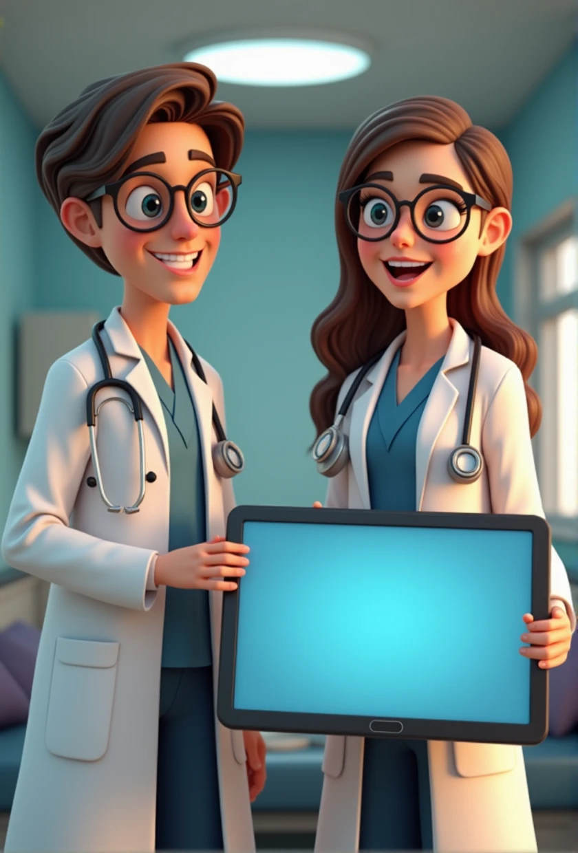 male with brown hair holding big tv monitor and female doctor standing next to each other, medical doctor, doctor, labcoats, wearing a labcoat, medium shot of two characters, wearing lab coat, wearing lab coat and glasses, wearing a lab coat, wearing a white lab coat, big tv monitor, labcoat, wearing lab coat and a blouse, lab coat, medicine, 3d characters,3d stylized, 3 d render stylized, 3d character, 3d character, 3d rendering stylized, 3 d character render, cartoon character, character posing, (Pixar-style) (bokeh) (best qualityer) (skin detailed) (detailed texture) (8k) (Argilla) (Cinematic lighting)